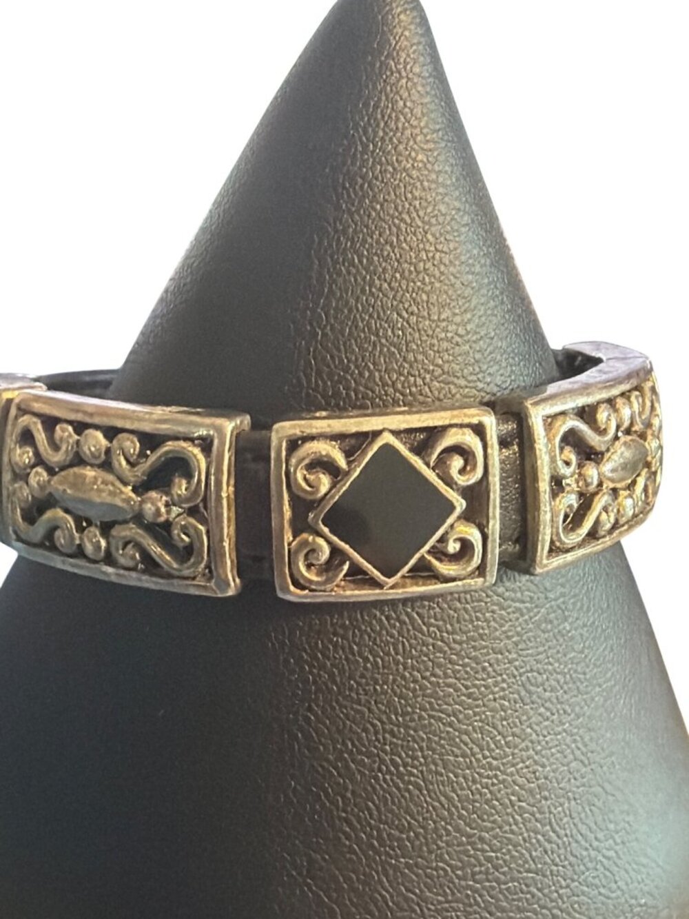 Black Faux Leather Silver Tone Slide Panel Bracelet Magnetic Fold Over Clasp 6.5